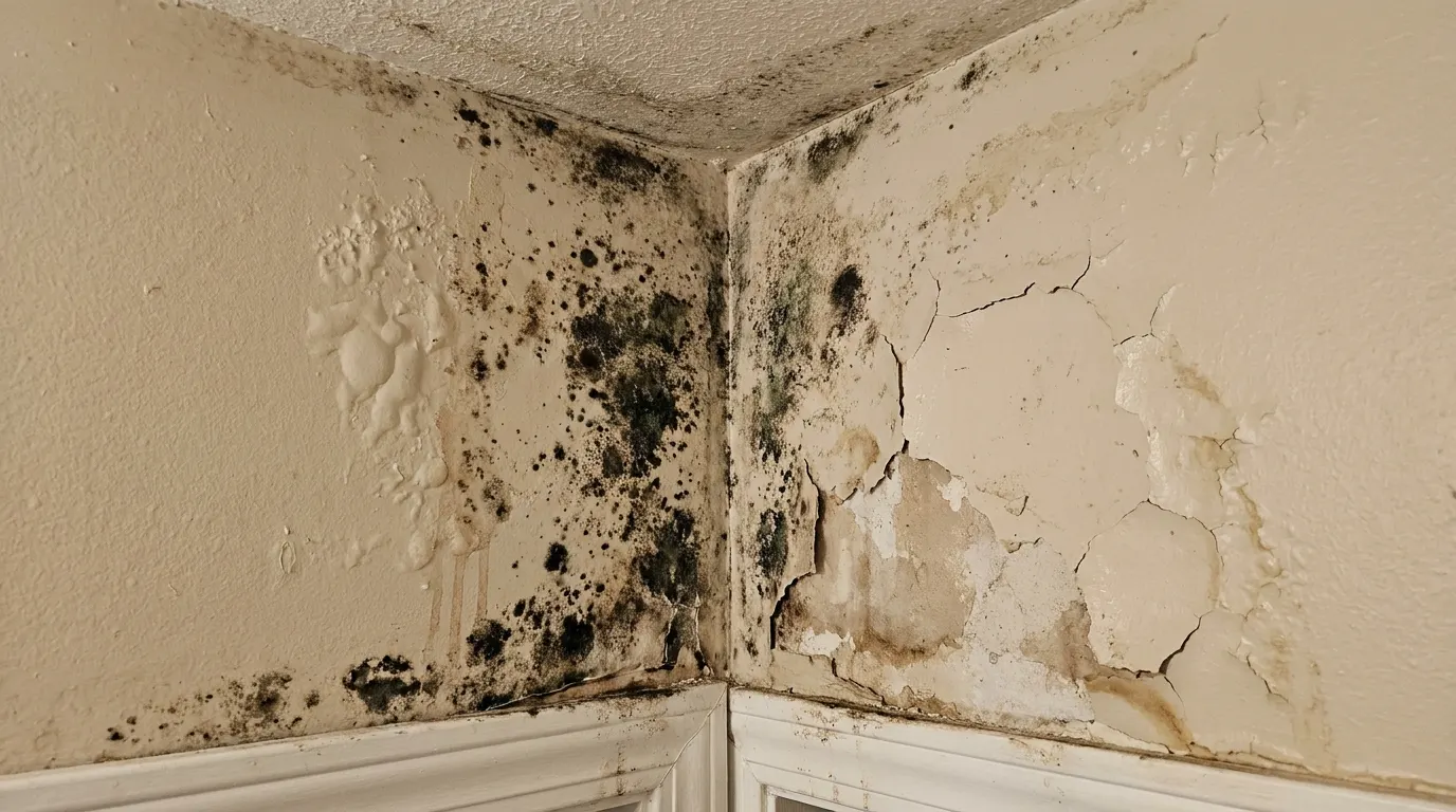 Bathroom wall with spreading mold before remediation